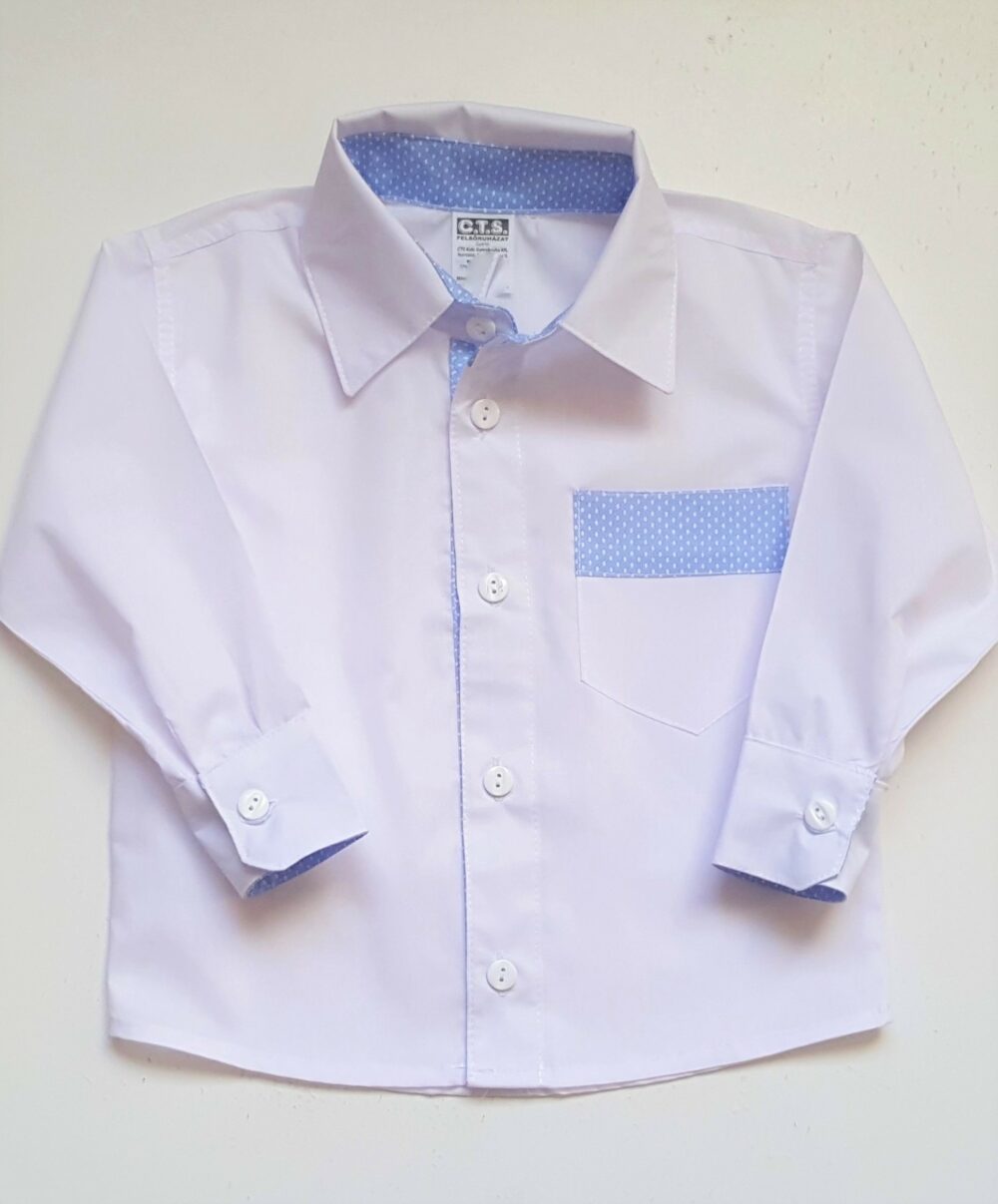Fiú fehér ing kék díszítéssel 74-es méretű